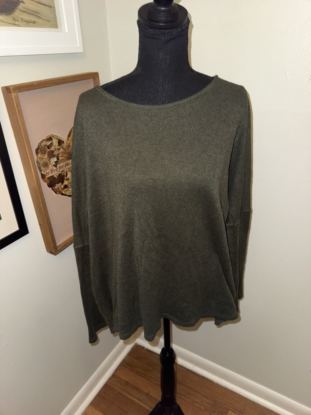 Large Olive Green Knit Sweater Top Long Sleeve Drop Shoulder Relaxed Dress Up